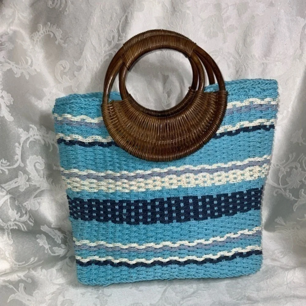 Trotters Turquoise & White Straw Lined Satchel Handbag With Brown Wooden Handle